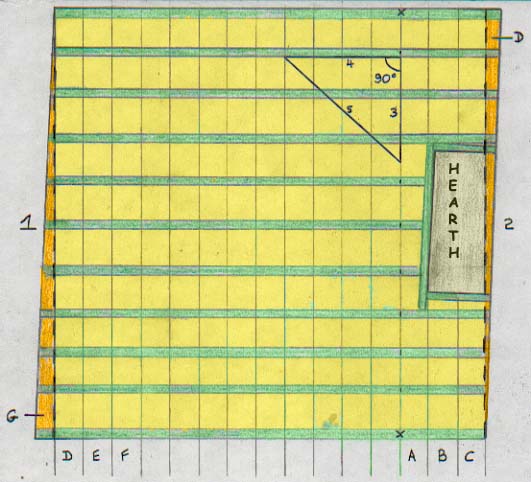 Floor plan showing squarely laid floor boards and cuts